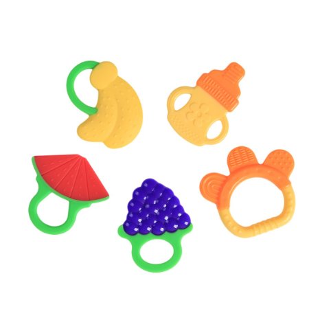 LAIMALA Baby Teether Toys with Pacifier Clip, Food Guaranteed Silicone, BPA Free, Cute Fruit & Bottle Shaped, 5pcs