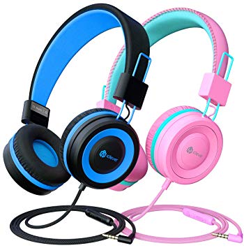 iClever Kids Headphones 2 Pack - Wired Headphones for Kids with MIC, Volume Control Adjustable Headband, Foldable - on Ear Headphones Kids for School iPad Tablet Kindle Airplane,Blue/Pink