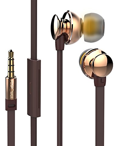 In-Ear Headphones, FosPower BlackOnyx BX10i [Rich Bass Frequencies | Noise Isolating | Flat Cable] Stereo Headset with Microphone and Audio Control [Gold Plated 3.5mm TRRS Plug] - Golden / Coffee