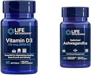 Life Extension Vitamin D3 5000 IU, Ashwagandha - Stress Relief, Focus, Memory, Mood Support - Non-GMO Supplement Bundle