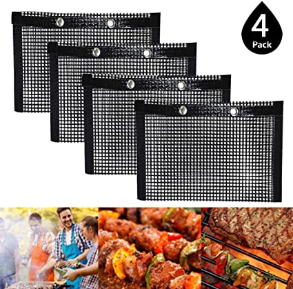 Snow Keychain BBQ Grill Mesh Bag,Non-Stick BBQ Baked Bag,Temperature Resistant PTFE Reusable Mesh,Reusable Easy to Clean Mesh Backing Bag for Outdoor Picnic Cooking Barbecue S(5.68.7),4 Pack