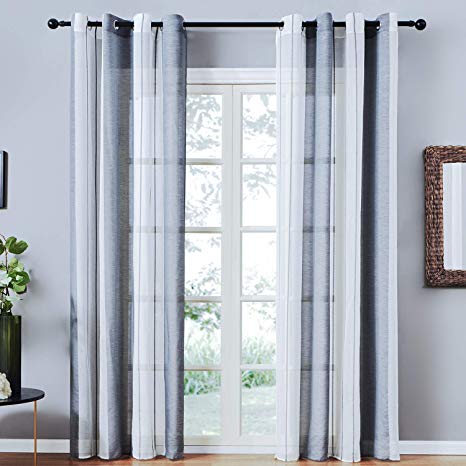 Topfinel Semi Voile Curtains Eyelet Ring Top Yarn Dyed Net Sheer Curtains Vertical Stripe Design Window Treatments for Living Room Bedroom 54x89 Drop,Grey,2 Panels