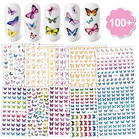 Konsait 100 pcs Butterfly Nail Art Stickers，3D Self-Adhesive Laser Mixed Butterfly Nail Decals Manicure Wraps Decoration Tools for Women Girls Kids DIY Nail Art Tools Accessories Salon Home Favor