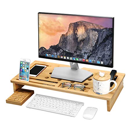 LANGRIA Bamboo Wood Monitor Stand Riser with Ventilation Holes, Laptop Desk Mount TV Printer Computer Stand with Cellphone Tablet Storage Tray Holders and Organizers for Home Office(23.6"x11.8"x3.3")