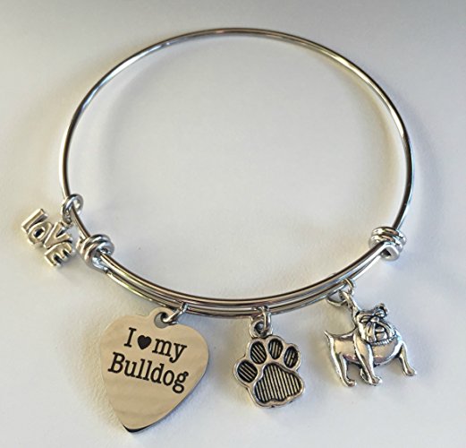 I Love My Bulldog Expandable Dog Breed Charm Bracelet - Stainless Steel Dog Lover Bracelet
