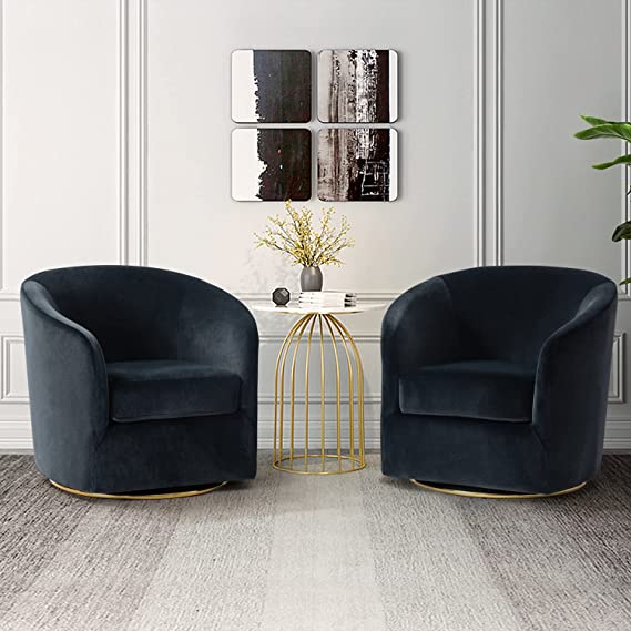 HULALA HOME Swivel Accent Chair with Gold Metal Base, Set of 2 Contemporary Velvet Curved Swivel Barrel Chair, Upholstered Club Armchair, Leisure Single Sofa for Living Room, Nursery, Bedroom(Black)