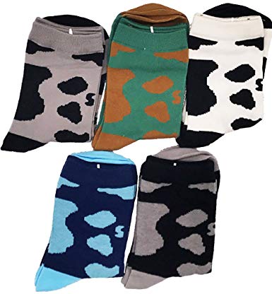 L04BABY Men 5 Pack Fun Novelty Cow Print Cool Thick Wool Cotton Casual Crew Sock