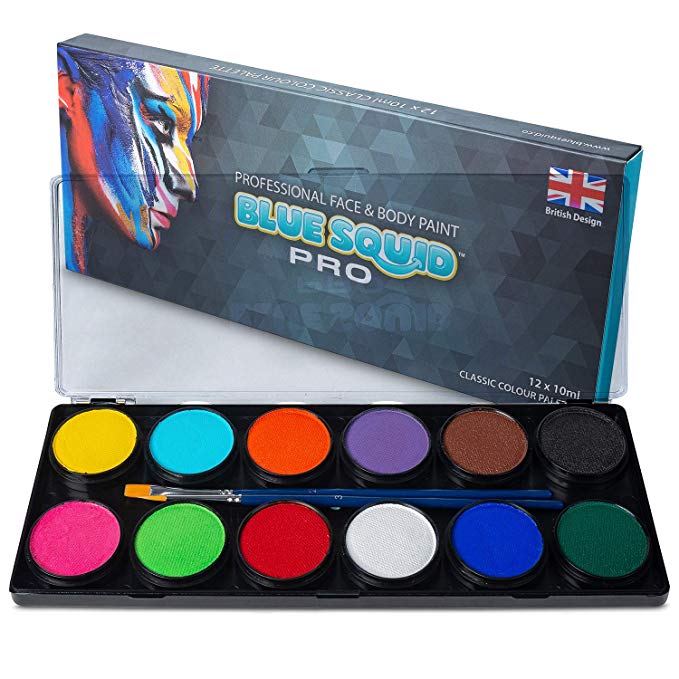 Professional Face Paint Kit - by Blue Squid PRO, 12x10g Classic Color Palette, 𝗡𝗘𝗪 Professional Face & Body Painting Supplies SFX, Adult & Kids, Superior Safe Paint for Sensitive Skin Halloween