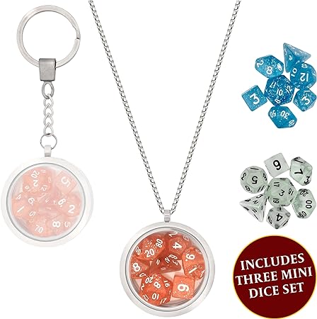 DND Dice Set Locket/Keychain - 3 Polyhedral Mini Dice Sets Included - Perfect RPG/Dungeons & Dragons (D&D) Accessories Gifts. Tiny/Micro Red, Blue & Clear Set Have D20 D12 D10 D8 D6 Sided Dice.