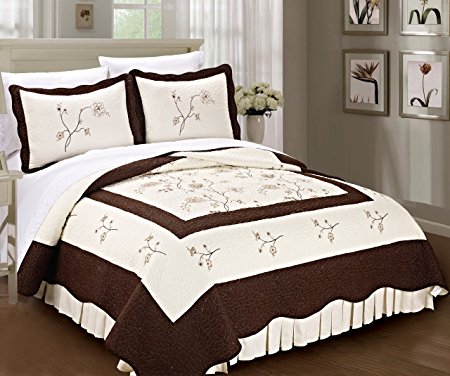 Serenta Classic Embroidery Chocolate Spring Flowers Microfiber Cotton Filled Bedspread Quilt 3 Piece Bed Set, King, Turquoise