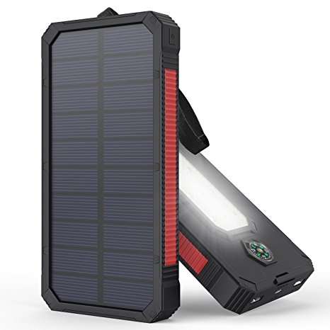 Solar Charger, MeGa 10000mAh Portable Solar Power Bank Waterproof Dual USB Battery with Led Flashlight for iPhone, Samsung, Android phone, GoPro Camera, GPS