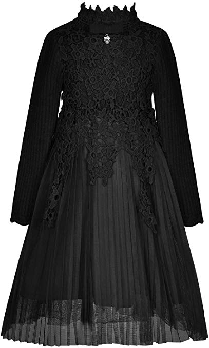 BONNY BILLY Girl's Long Sleeve Embroidered Floral Lace Pleated Tulle Thick Winter Dress