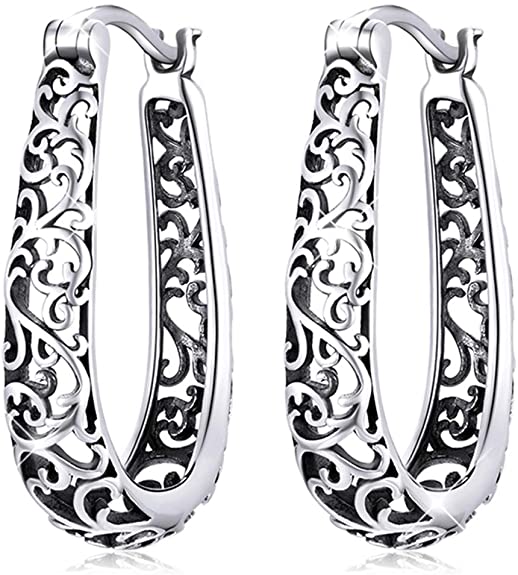 BAMOER 925 Sterling Silver Huggie Hoop Earrings Filigree Hoop Earrings for Women Hypoallergenic Jewelry