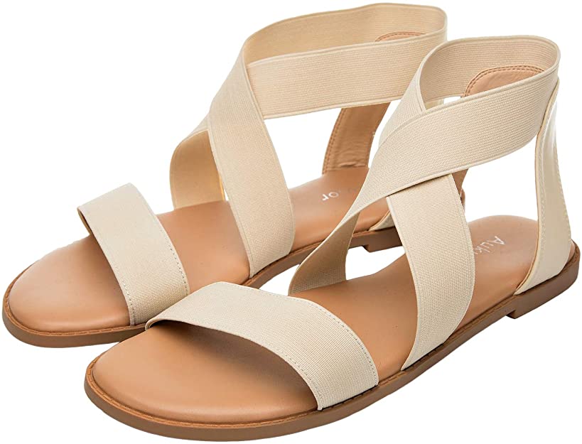 Women's Wide Width Flat Sandals - Open Toe One Band Ankle Strap Flexible Buckle Gladiator Casual Summer Shoes.