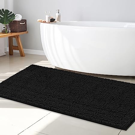 Chenille Plush Extra Long Door Mat Runner Long Machine Washable Non-Slip Door Mat, Bath Mat, Bedroom Rug, with Water Absorbent Quick Drying Microfiber Shag Carpet (Black, 71x31)