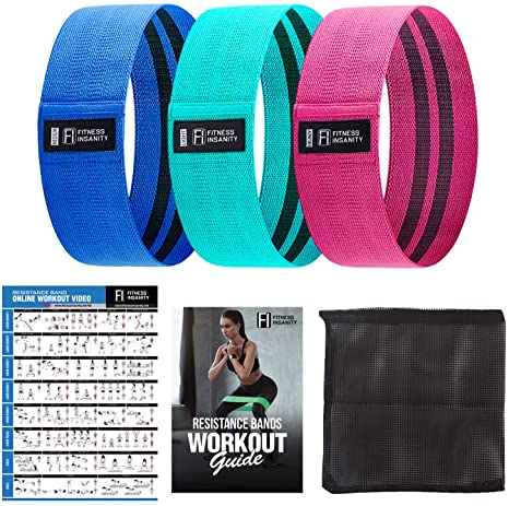 Fitness Insanity Resistance Bands for Legs and Butt, Fabric Workout Loop Bands, Set of 3