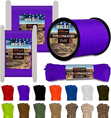 HERCULES Type III Paracord 550 Paracord Rope Parachute Cord, 50' Purple Paracord for Camping Rope, Survival Rope