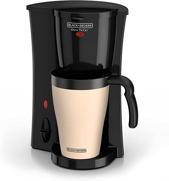 BLACK DECKER Brew 'n Go Personal Coffeemaker with Travel Mug, Black/Beige, DCM18