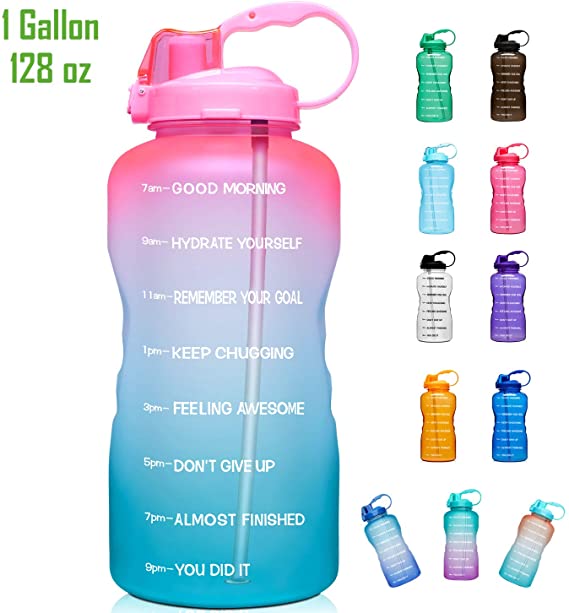 Giotto Large 1 Gallon/128oz Motivational Water Bottle with Time Marker & Straw, Leakproof Tritan BPA Free for Fitness, Gym and Outdoor Sports