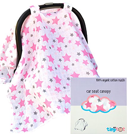 Car Seat Cover - 100% Organic Cotton - Canopy Style Cover Easily Attaches to Any Car Seat to Protect Baby From Sun or Wind, Made of Highest Quality Breathable Fabric, Cute Design for Girls