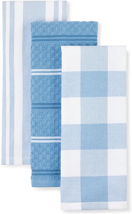 KitchenAid Stripe Gingham Dual Purpose Kitchen Towel 3-Pack Set, Blue Velvet, 16"x28"