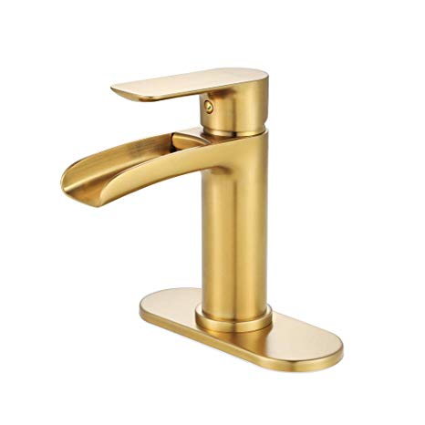 NEWATER Waterfall Spout Bathroom Sink Faucet Basin Mixer Tap Brushed Gold Single Handle