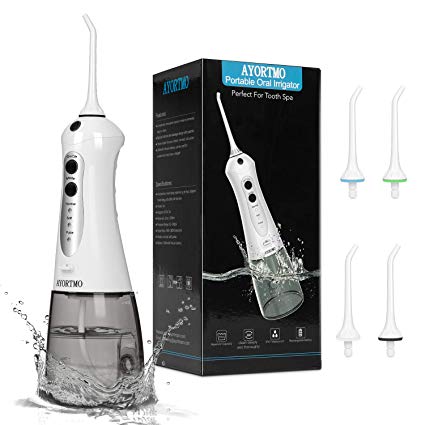 Cordless Water Flosser Teeth Cleaner,AYORTMO 300ML 3-Modes IPX7 Waterproof Oral Irrigator with 4 Jet Tips for Braces and Teeth Whitening, USB Rechargable Portable Water Dental Flosser for Travel and