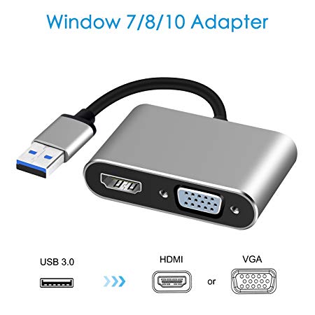 USB 3.0 to HDMI VGA Adapter, 2 in 1 USB to HDMI Adaptor 1080P Windows7/8/10