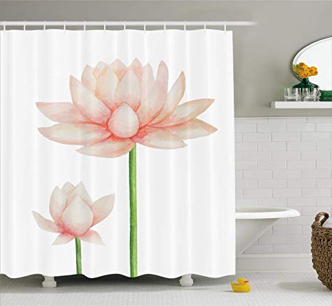 Ambesonne Yoga Shower Curtain, Pastel Colored Blooming Lotus Flower Romantic Fresh Garden Plant Spa Theme, Cloth Fabric Bathroom Decor Set with Hooks, 75" Long, Peach Green