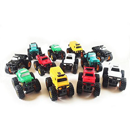 Boley Monster Trucks Mini 12 pack - friction powered pull back monster jam trucks and cars that make great stocking stuffers (6 different shapes and colors, 2 of each. As pictured)