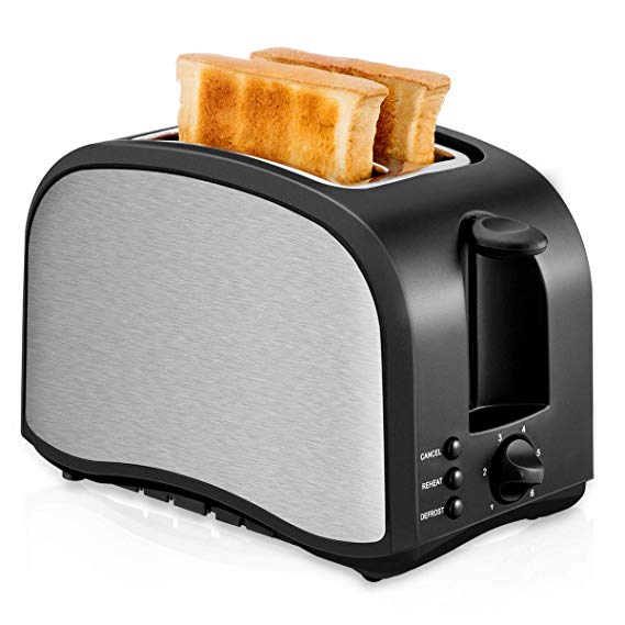 CUSIBOX Toaster 2 Slice Toasters with 2 Extra-Wide Slots, Removable Crumb Tray, Defrost and Reheat Buttons - Brushed Stainless Steel (ST001)