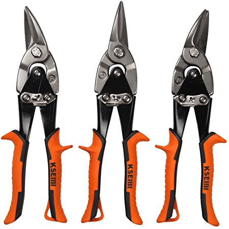 KSEIBI 142032 Sheet Metal Aviation Tin Snip Cutter Set 10 Inch Length 1 3/8 inch Cutting Capacity Straight Left and Right 3 Pack