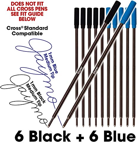 Jaymo 6 Black and 6 Blue = 12 Cross Compatible Ballpoint Pen Refills. Smooth Writing German Ink and 1mm Medium Tip. #8511 and #8513