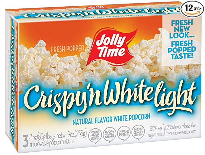 Jolly Time Crispy 'n White Light Natural Microwave Popcorn, 3-Count Boxes, 9 oz, (Pack of 12)