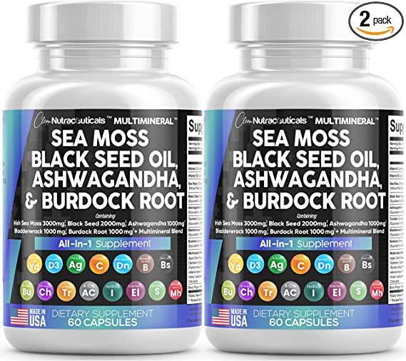 Sea Moss 3000mg Black Seed Oil 2000mg Ashwagandha 1000mg Turmeric 1000mg Bladderwrack 1000mg Burdock & Vitamin C Vitamin D3 with Elderberry Manuka Dandelion Yellow Dock Iodine Chlorophyll ACV - 2Pack