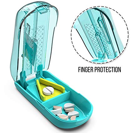 Pill Cutter Splitter with Ergonomic Design and Finger Protection – Divider for Cutting Small Pills and Large Pills with Pill Box Container - Chopper for Medical Tablets and Vitamins in Half