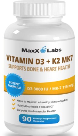 Vitamin D3 with Vitamin K2 MK-7 9733 New 9733 Full 3000 IU Per Capsule Plus 115mcg MK7 from Natto - Natural Effective Safe - Supports Bone and Heart Health - Gluten Free - 90 Capsules