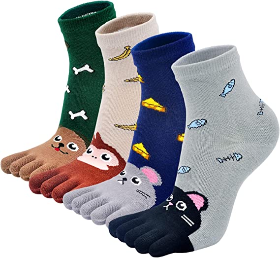 Kids Toe Socks Cute Cotton Cartoon Animal Dog Cat Ankle Crew Five Finger Socks for 3-12 Years Old Girls and Boys