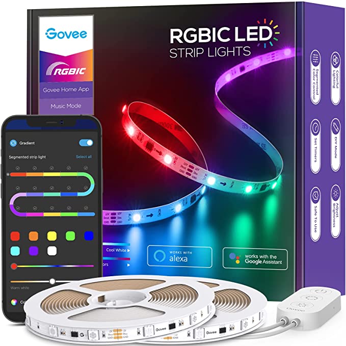 Govee 32.8ft RGBIC LED Strip Lights, Smart Segmented Color Control, WiFi App LED Lights Works with Alexa and Google Assistant, Music Sync, Bluetooth Color Changing Lights for Living Room (2x16.4ft)