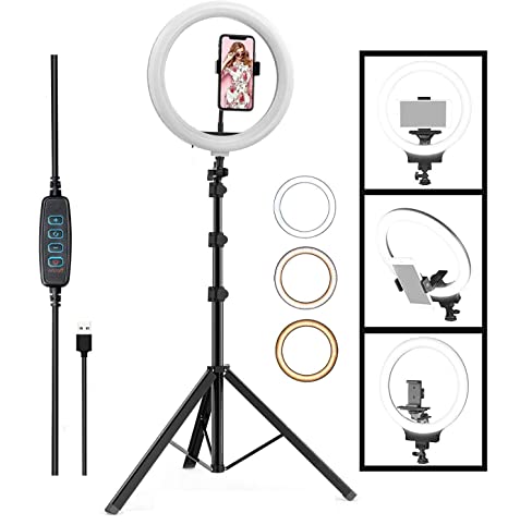Ring Light with stand - New 10 inch (30 CM) Ring Light with Stand Tripod (7 Feet Tripod Stand), LED Circle Lights with Phone Holder for Selfie Camera Photography Makeup Video Live Streaming - 75 inch Tripod Stand