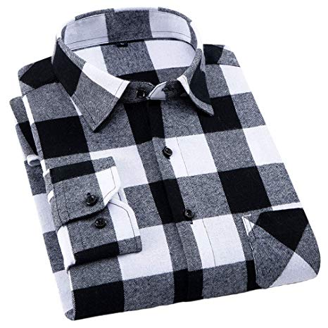 Soojun Men's Plain Long Sleeve Plaid Flannel Dress Shirt
