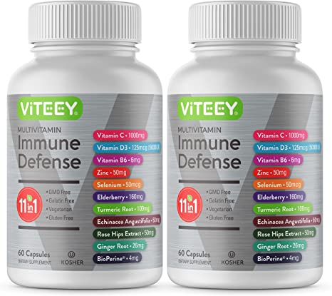 11 in 1 Immune Defense Support Supplement Booster with Vitamin C, Vitamin D3, Vitamin B6, Zinc, Elderberry, Echinacea, Turmeric, Rose-Hips, Selenium, BioPerine, Ginger, For Adults [60 Capsules-2 Pack]