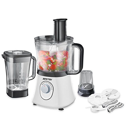 BESTEK Food Processor with Blender Jug & Grinding Cup, 8 Attachments, 1.5 Liter, 600W