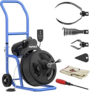 POPULO 75 FT × 3/8" Drain Cleaner Machine, Electric Drain Auger Drain Snake 75 Ft, For 2"-4" Pipe. With 4 Cutters, Air Foot Pedal And Specialized Gloves.