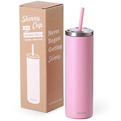 Cupture Stainless Steel Skinny Insulated Tumbler Cup with Lid and Reusable Straw - 16 oz (Blush Pink)