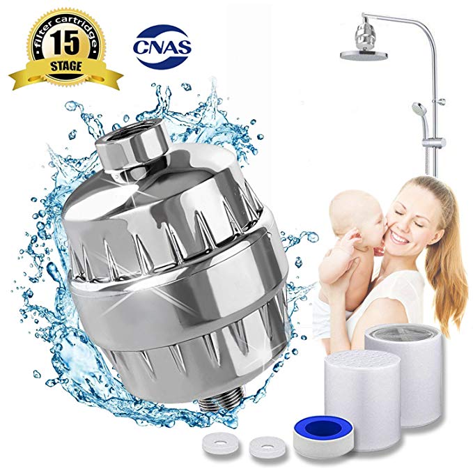 15-Stage Shower Filter Water Purifier Hard Water Softener with Replacement Cartridges Fit Most Shower Head and Handheld Shower Remove Chlorine Fluoride Heavy Metals for Hair & Skin Health
