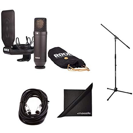 Rode NT1 Cardioid Condenser Microphone Bundle with Mic Stand, Mic Cable, SMR Shock Mount, Pop Filter, and Polishing Cloth