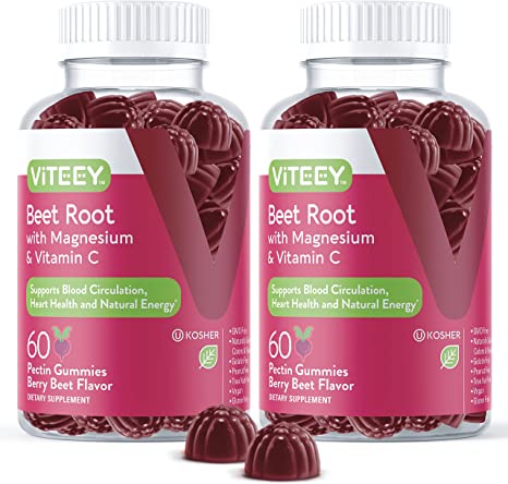 Beet Root Gummies with Magnesium & Vitamin C - Supports Healthy Circulation & Blood Pressure - Energy & Nitric Oxide Booster, Dietary Supplement & Immune Health - Berry Beet Flavor [60 Count 2 Pack]