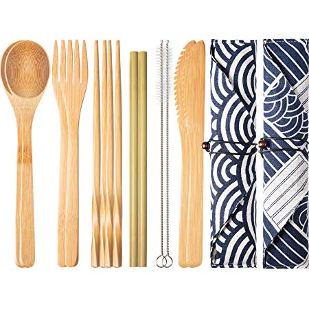 Boao 2 Sets of Reusable Bamboo Utensils Travel Cutlery Set with Case, Forks Knives Chopsticks Spoons Straws and Brushes, Camping Flatware Set (Pattern 2)