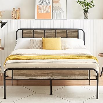 VECELO Full Bed Frame Metal Platform with Wooden Headboard & Footboard Mattress Foundation Strong Metal Slats Support No Box Spring Replacement/Easy Assemble